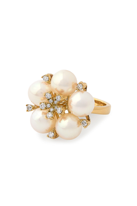 Raindrop Flower Ring, 18K Yellow Gold with Pearls & Diamonds
