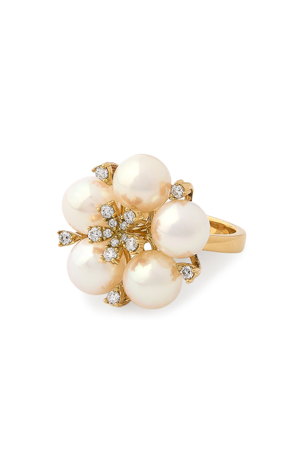 Raindrop Flower Ring, 18K Yellow Gold with Pearls & Diamonds