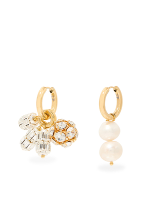 Strass and Pearl Hoop Earrings, 24k Yellow Gold, Pearl & Strass