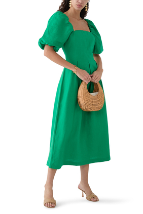 Puff Sleeve Linen Demi Midi Dress