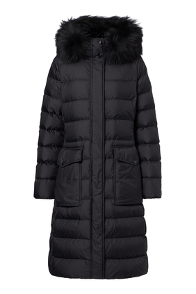  Khloesse Hooded Shearling-Trim Long Down Jacket