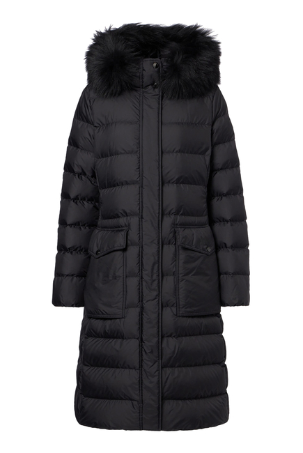  Khloesse Hooded Shearling-Trim Long Down Jacket