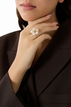 Raindrop Flower Ring, 18K Yellow Gold with Pearls & Diamonds