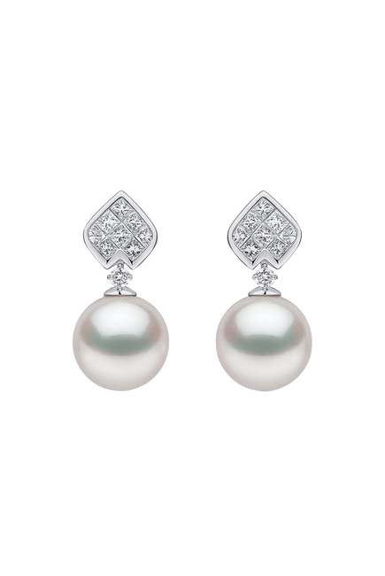 Duchess Motif Earrings, 18K White Gold with South Sea Pearls & Diamonds
