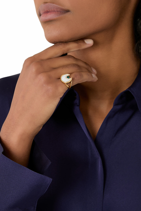 Circus Moon Pinky Ring, 18k Yellow Gold with Diamonds,  Mother of Pearl & Malachite