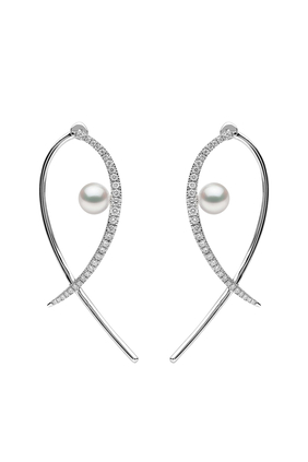 Sleek Earrings, 18k White Gold with Diamond & Pearl