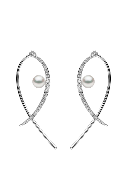 Sleek Earrings, 18k White Gold with Diamond & Pearl