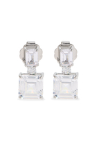 Double Cushion Drop Earrings, Rhodium Plated Brass & Cubic Zirconia
