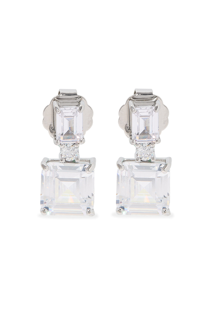 Double Cushion Drop Earrings, Rhodium Plated Brass & Cubic Zirconia