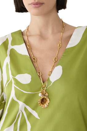 Poppy Flower Necklace, 24k Gold-Plated Brass & Freshwater Pearls