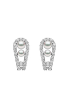 Huggie Earrings, 18K White Gold with Akoya Pearls & Diamonds
