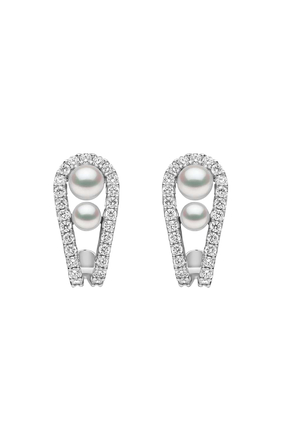 Huggie Earrings, 18K White Gold with Akoya Pearls & Diamonds