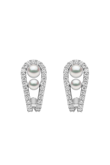 Huggie Earrings, 18K White Gold with Akoya Pearls & Diamonds
