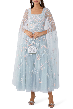 Versailles Ditsy Cape Sleeves Ankle Gown