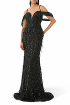  Embroidered Off-Shoulder Gown with Feathers