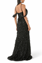  Embroidered Off-Shoulder Gown with Feathers