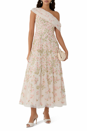 Everett Bloom One-Shoulder Ankle Gown