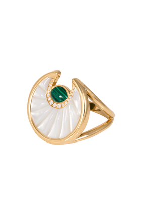 Circus Moon Pinky Ring, 18k Yellow Gold with Diamonds,  Mother of Pearl & Malachite