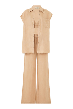 Collared Crinkled Shirt with Matching Bra and Pant Set