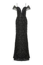  Embroidered Off-Shoulder Gown with Feathers