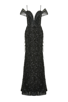  Embroidered Off-Shoulder Gown with Feathers