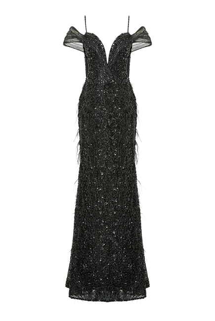  Embroidered Off-Shoulder Gown with Feathers