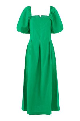 Puff Sleeve Linen Demi Midi Dress