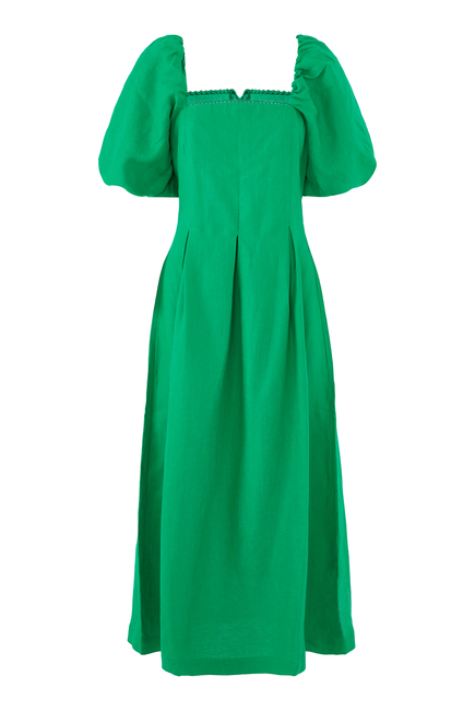 Puff Sleeve Linen Demi Midi Dress
