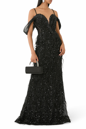  Embroidered Off-Shoulder Gown with Feathers