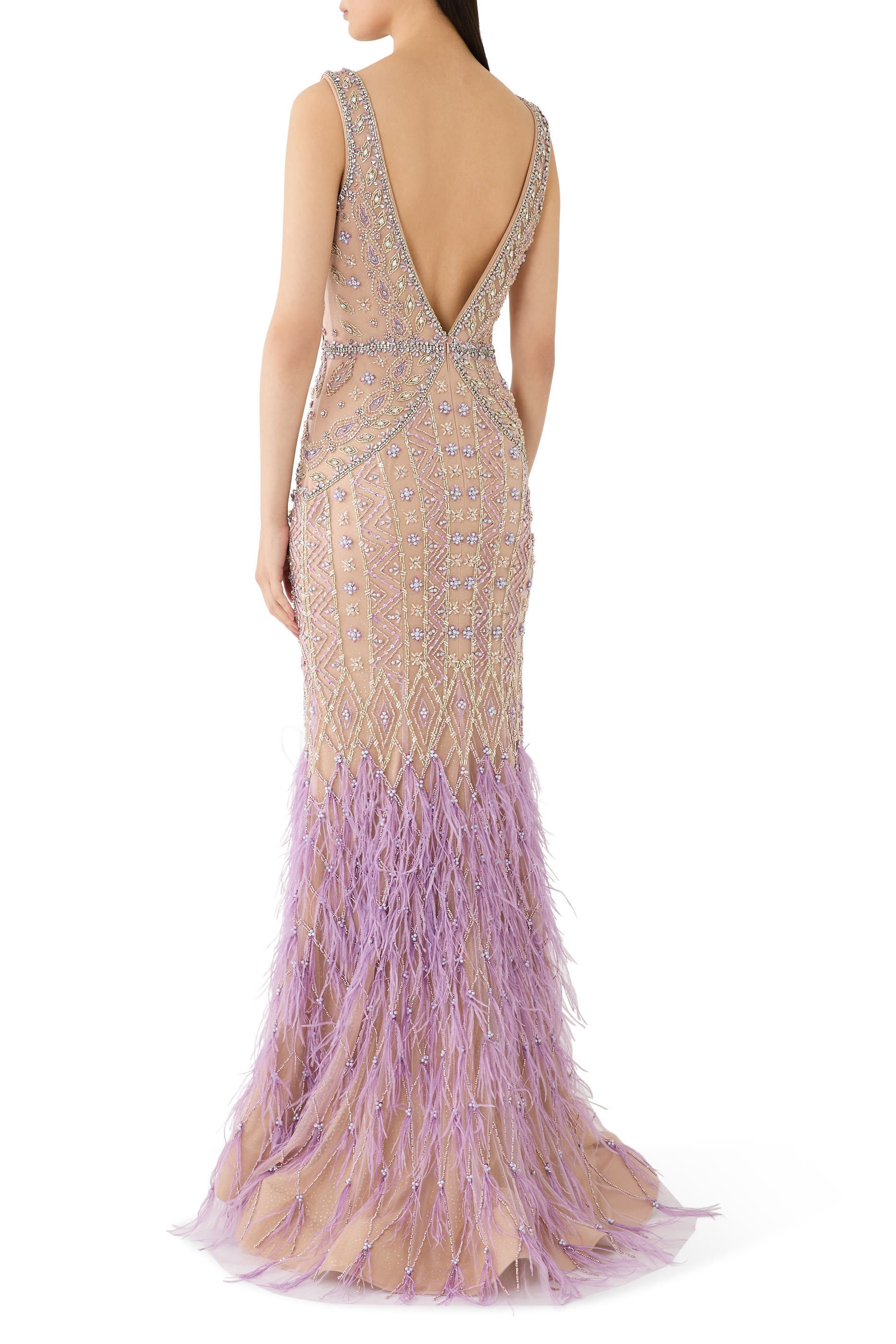 Feather Trim Embellished Evening Dress