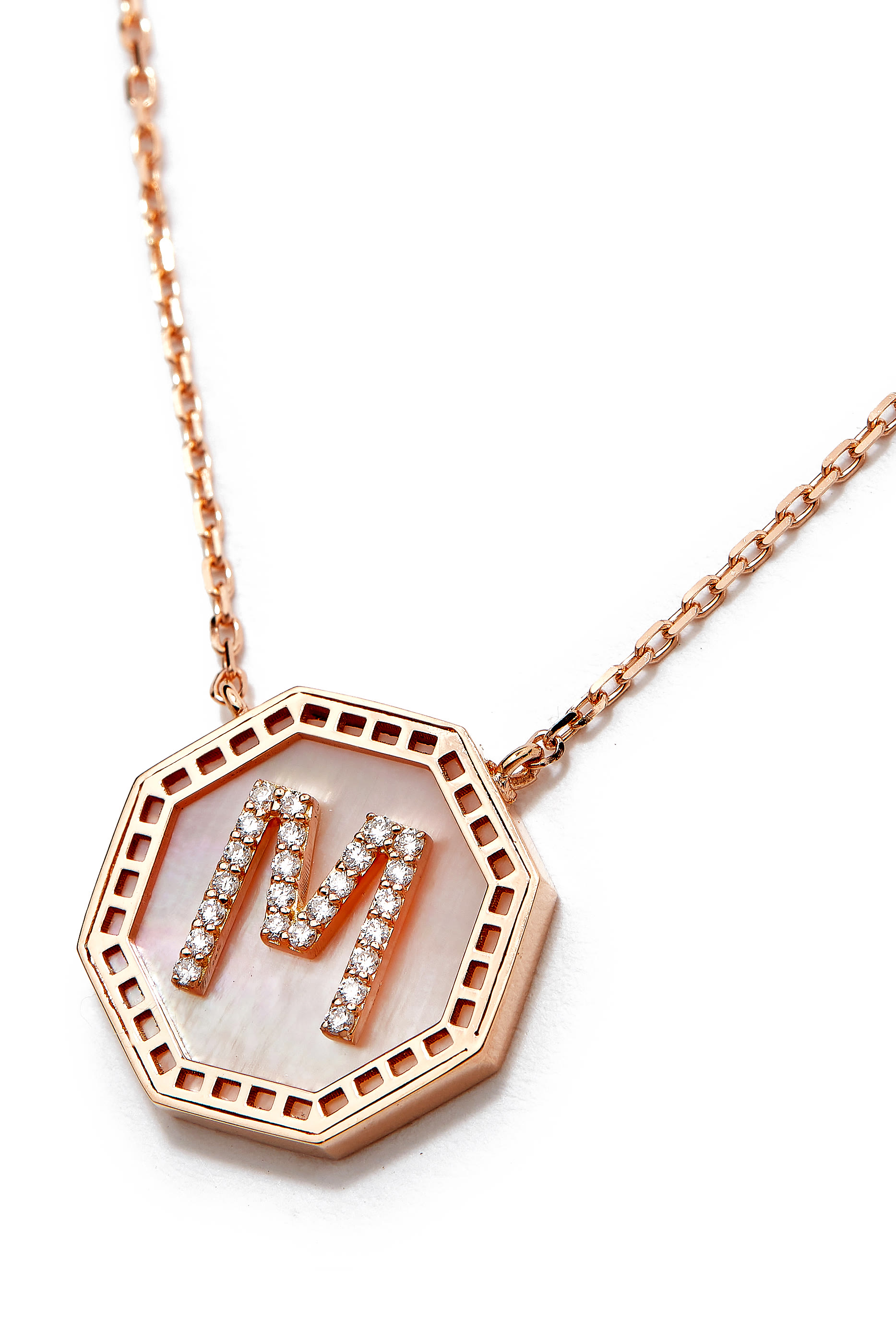 Harf Turath Letter M Pendant Necklace, 18k Rose Gold, Diamonds & Mother of Pearl