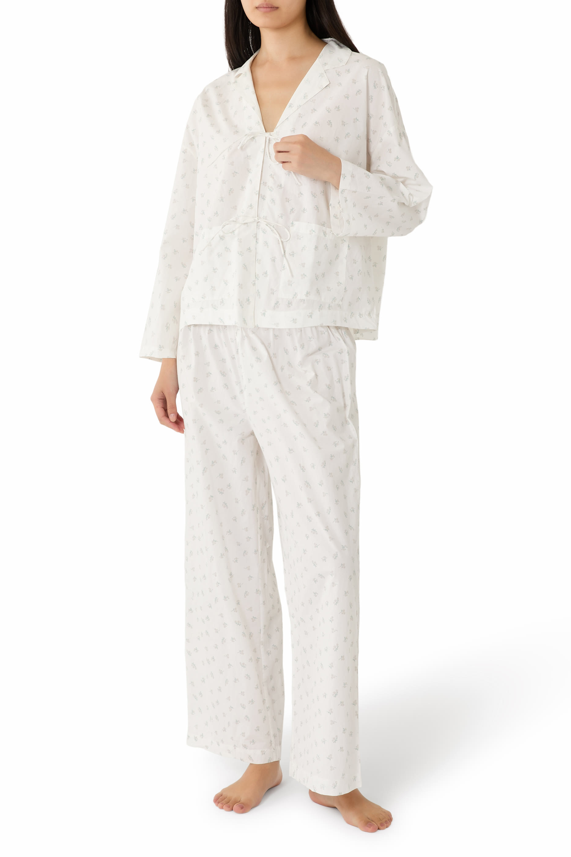 Cotton Tie Printed Drop Shoulder Pajama Set 