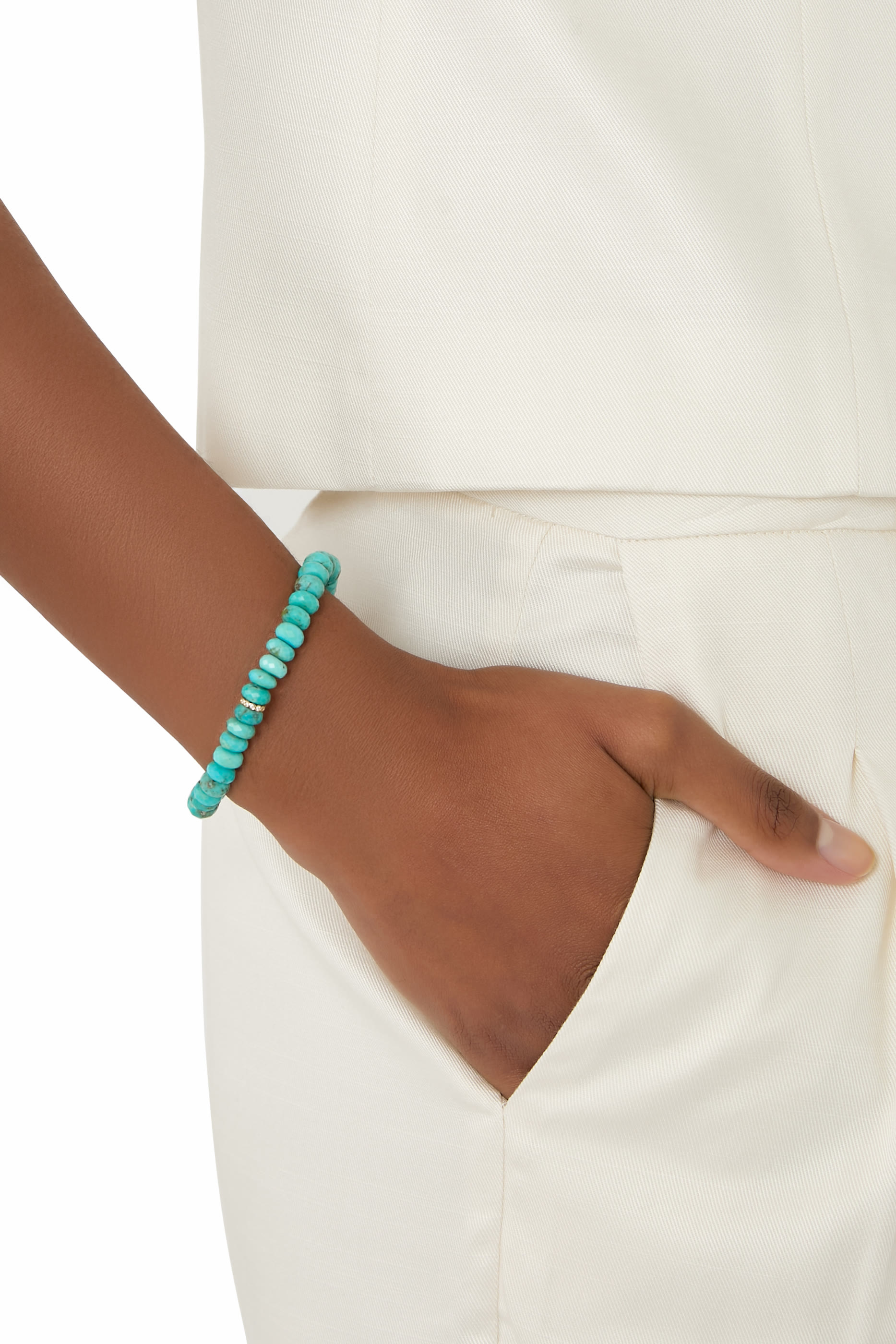 Rondelle Beaded Bracelet, 14K Yellow Gold with Diamonds & Turquoise Beads