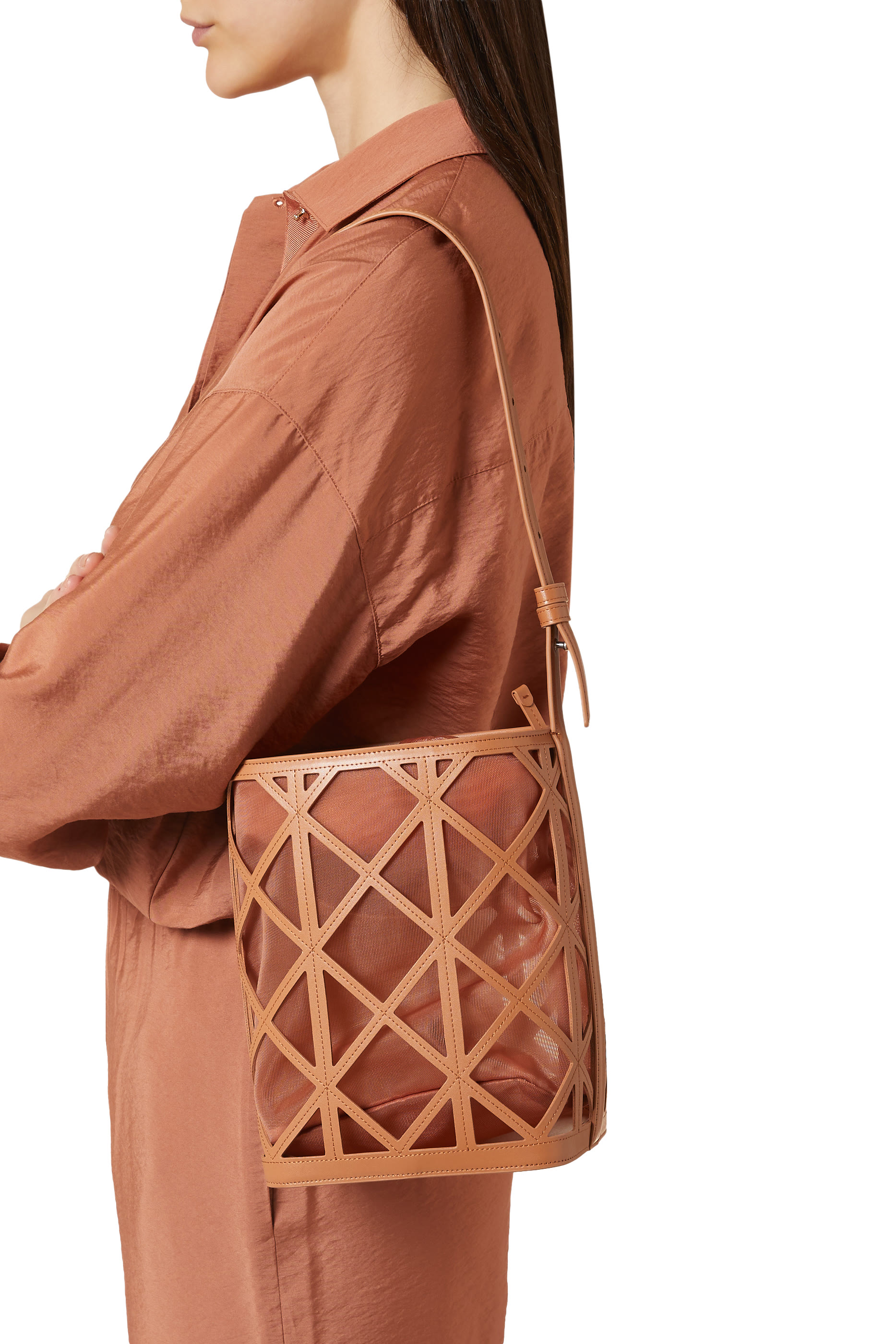 Logo Leather and Mesh Bucket Bag