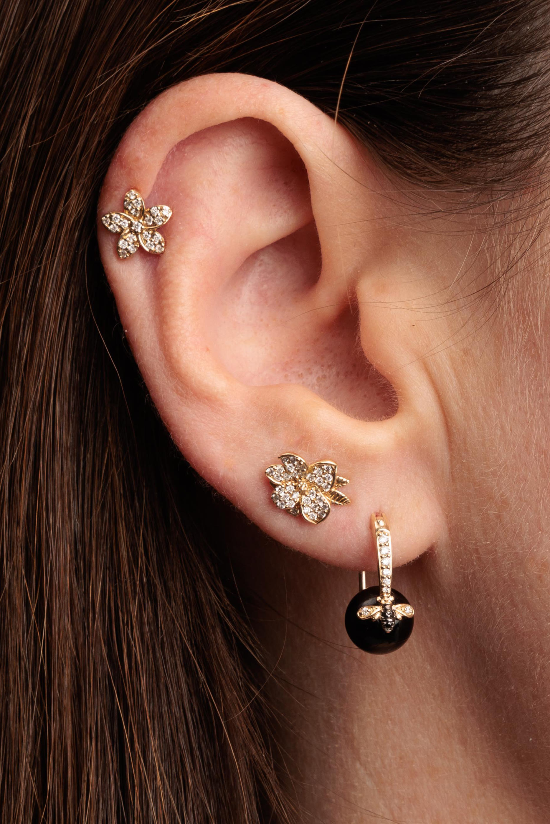 Plumeria Stud Earrings, 14k Yellow Gold & Diamond