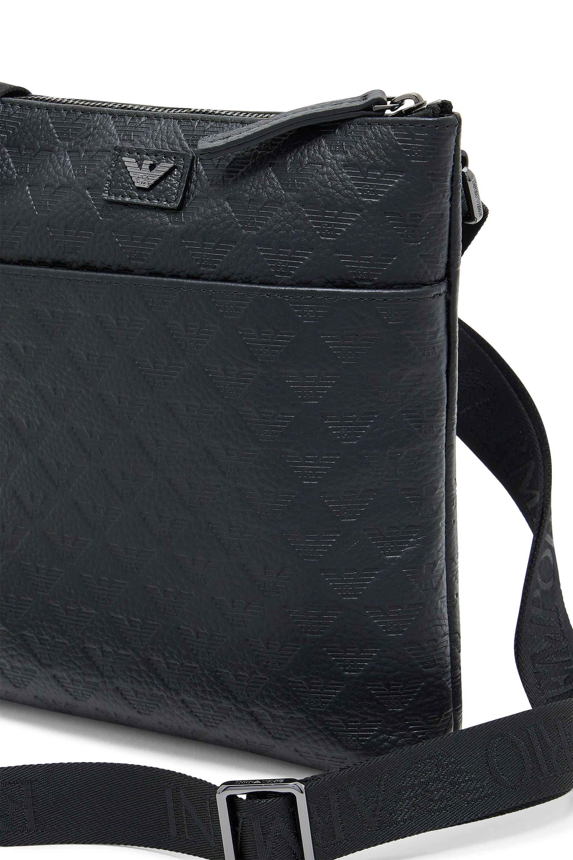 All-Over Embossed Eagle Flat Leather Shoulder Bag