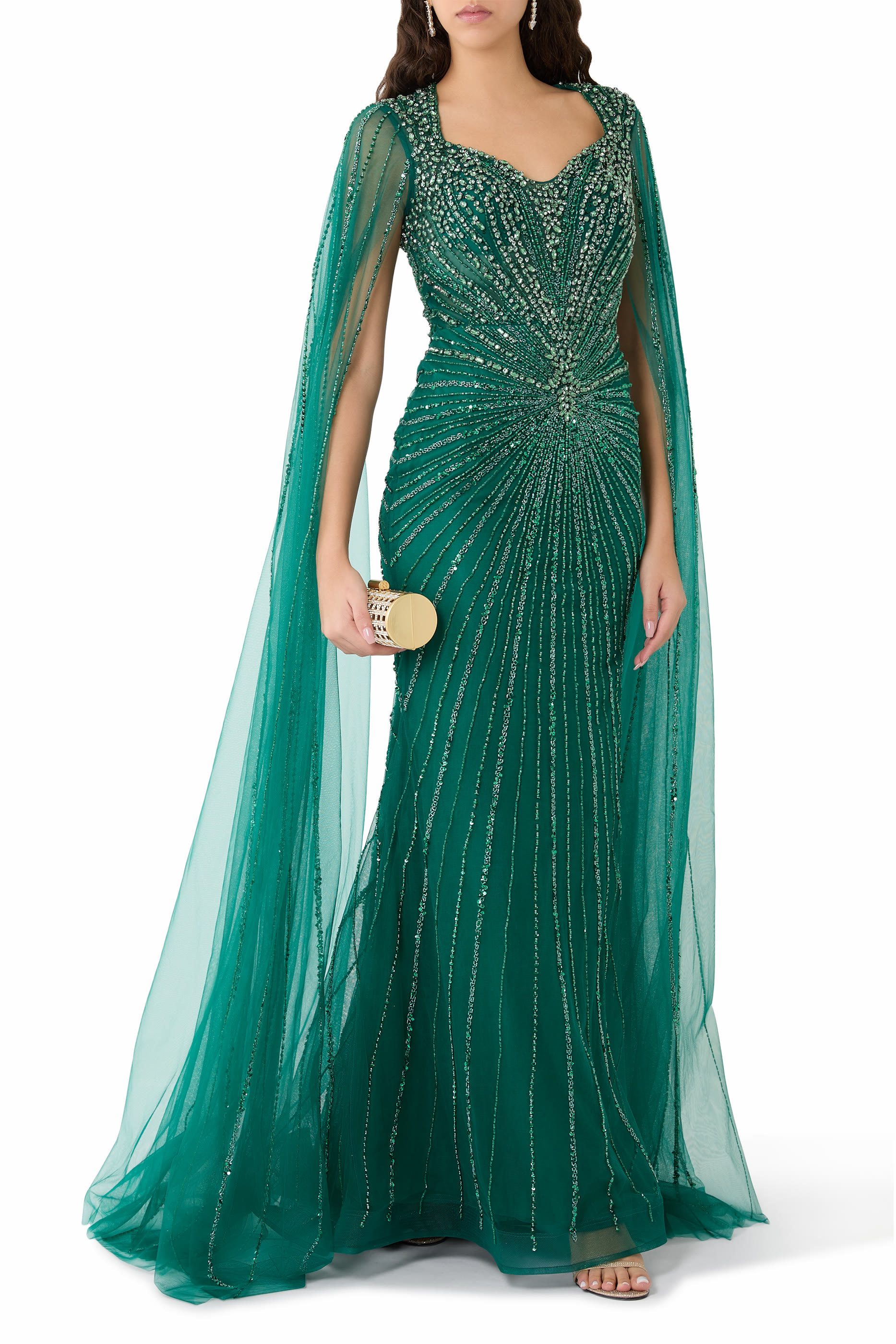 Embellished Cape Sleeve Gown