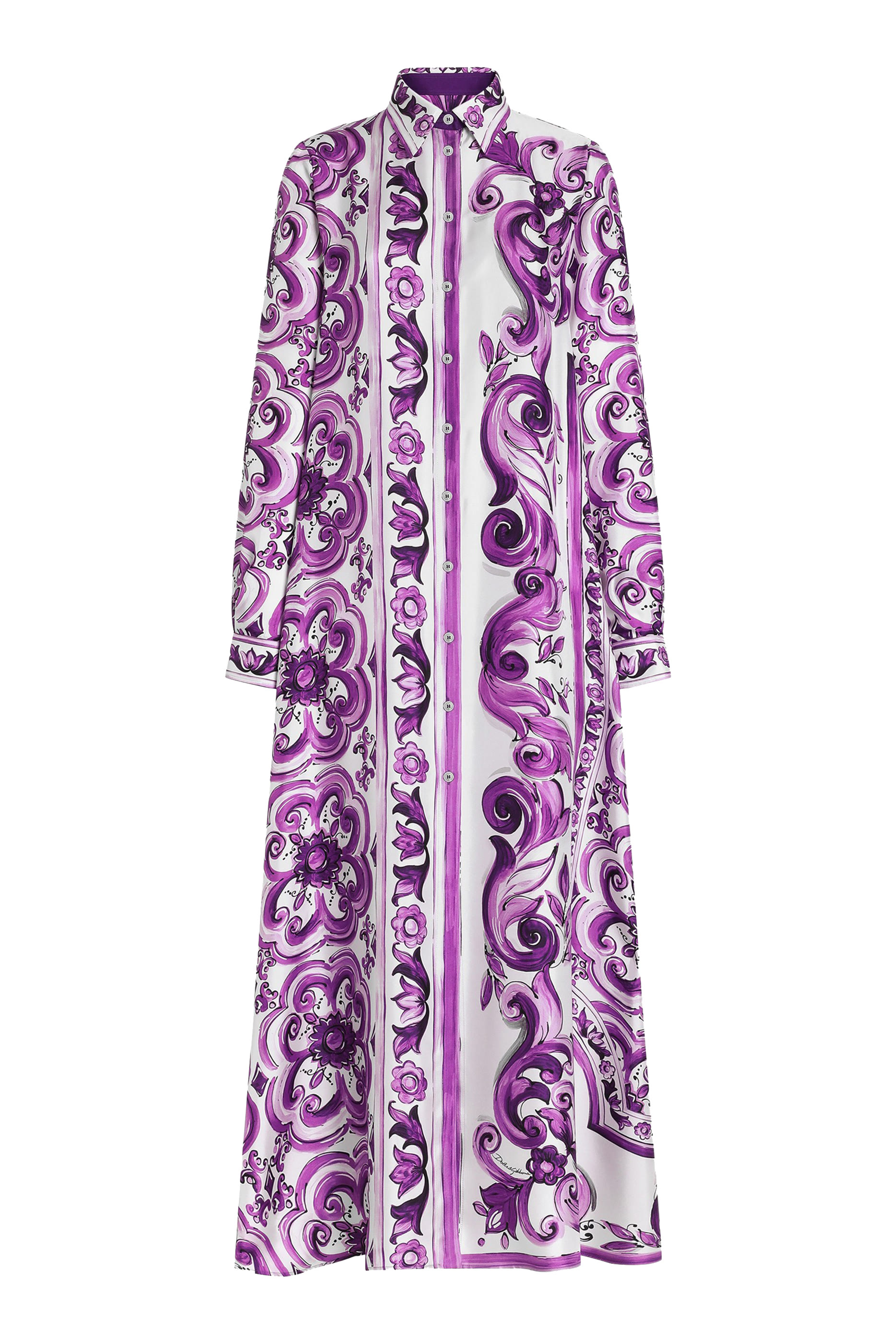 Majolica-Print Long Twill Shirt Dress