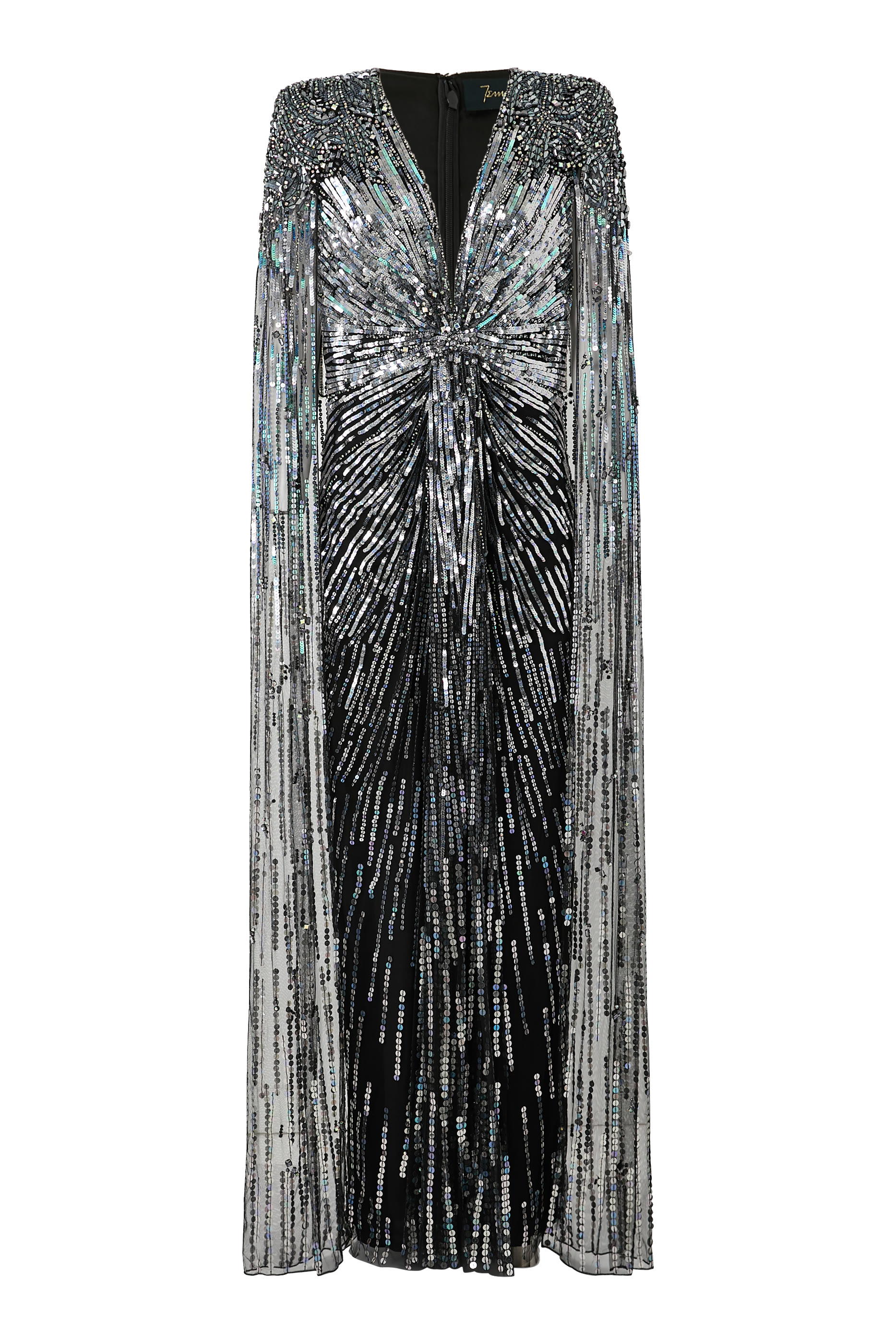 Embellished Cape-Effect Tulle Gown