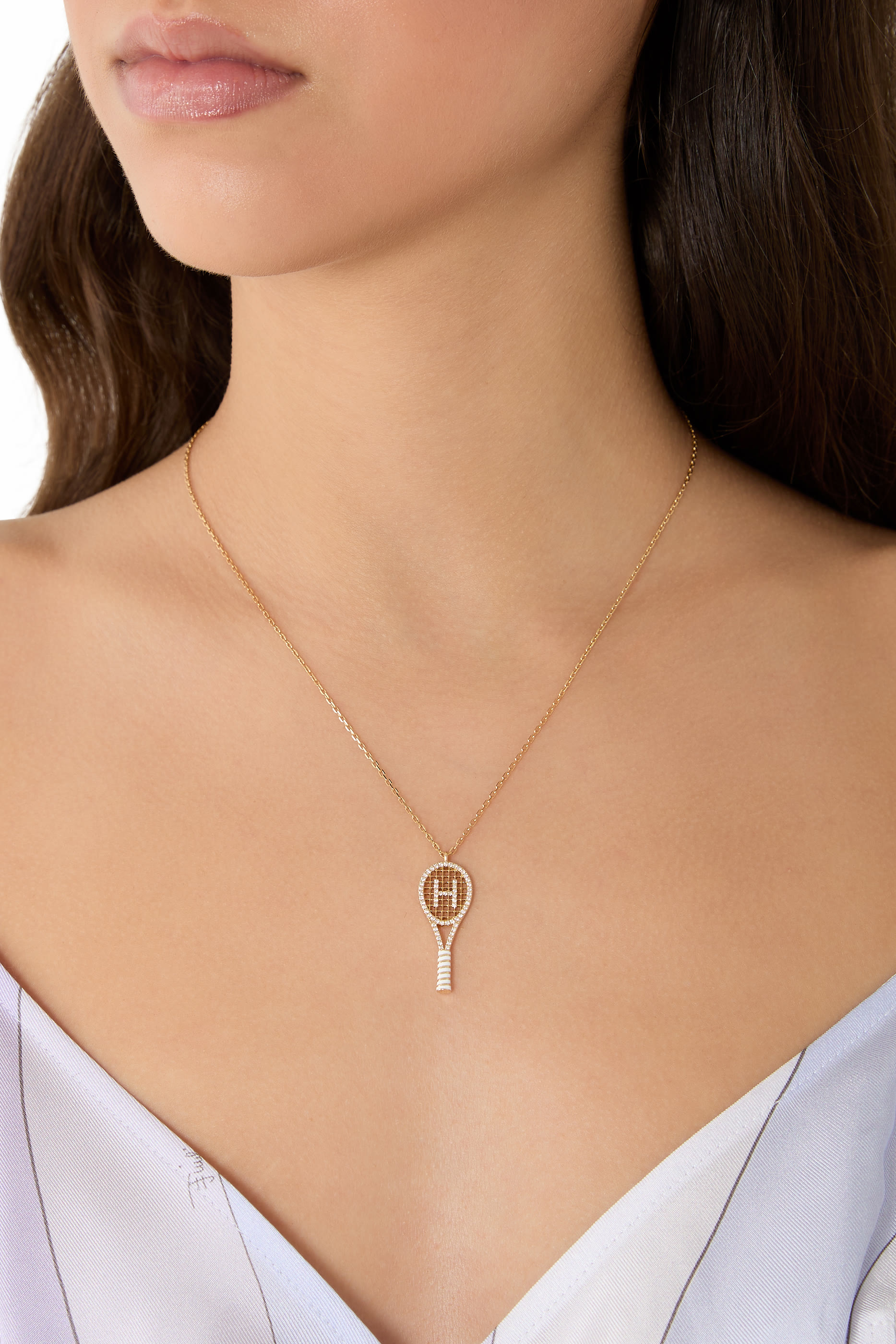 Letter 'H' Tennis Racket Necklace, 18k Yellow Gold & Enamel, Diamonds