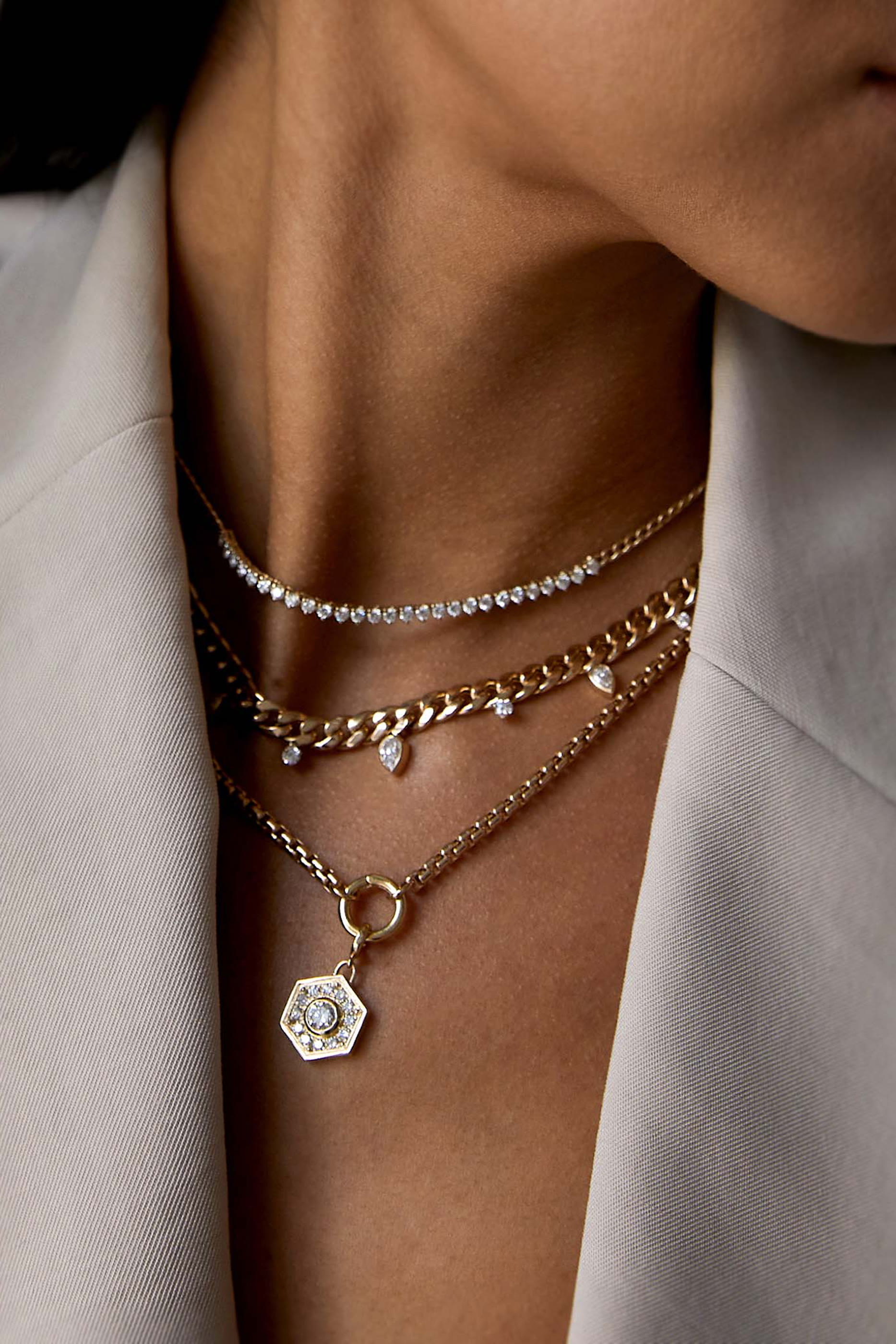  Tennis Segment Small Curb Chain Necklace, 14K Yellow Gold & Diamonds