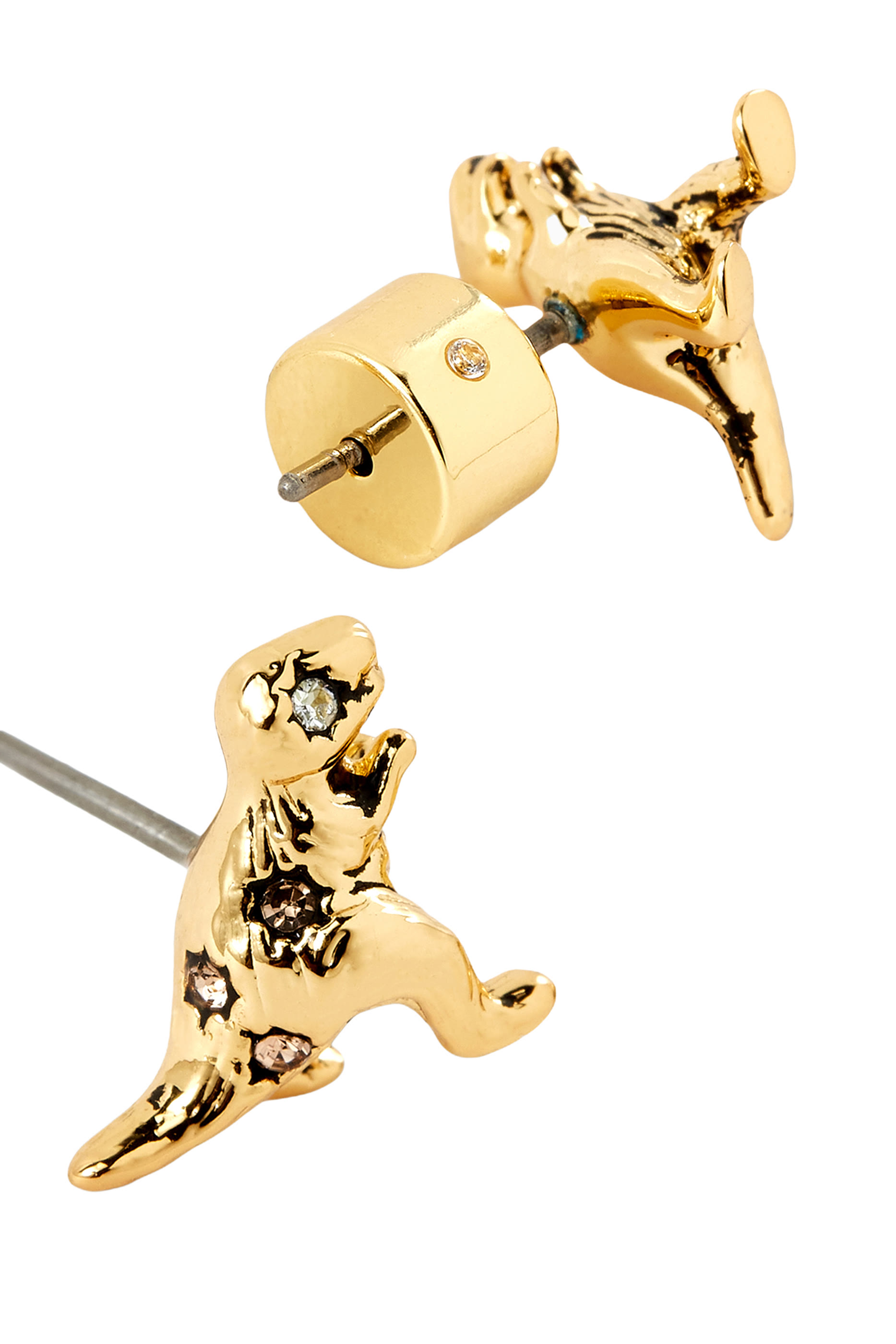 Rexy Dino Stud Earrings, Brass, Titanium & Glass, Cubic Zirconia