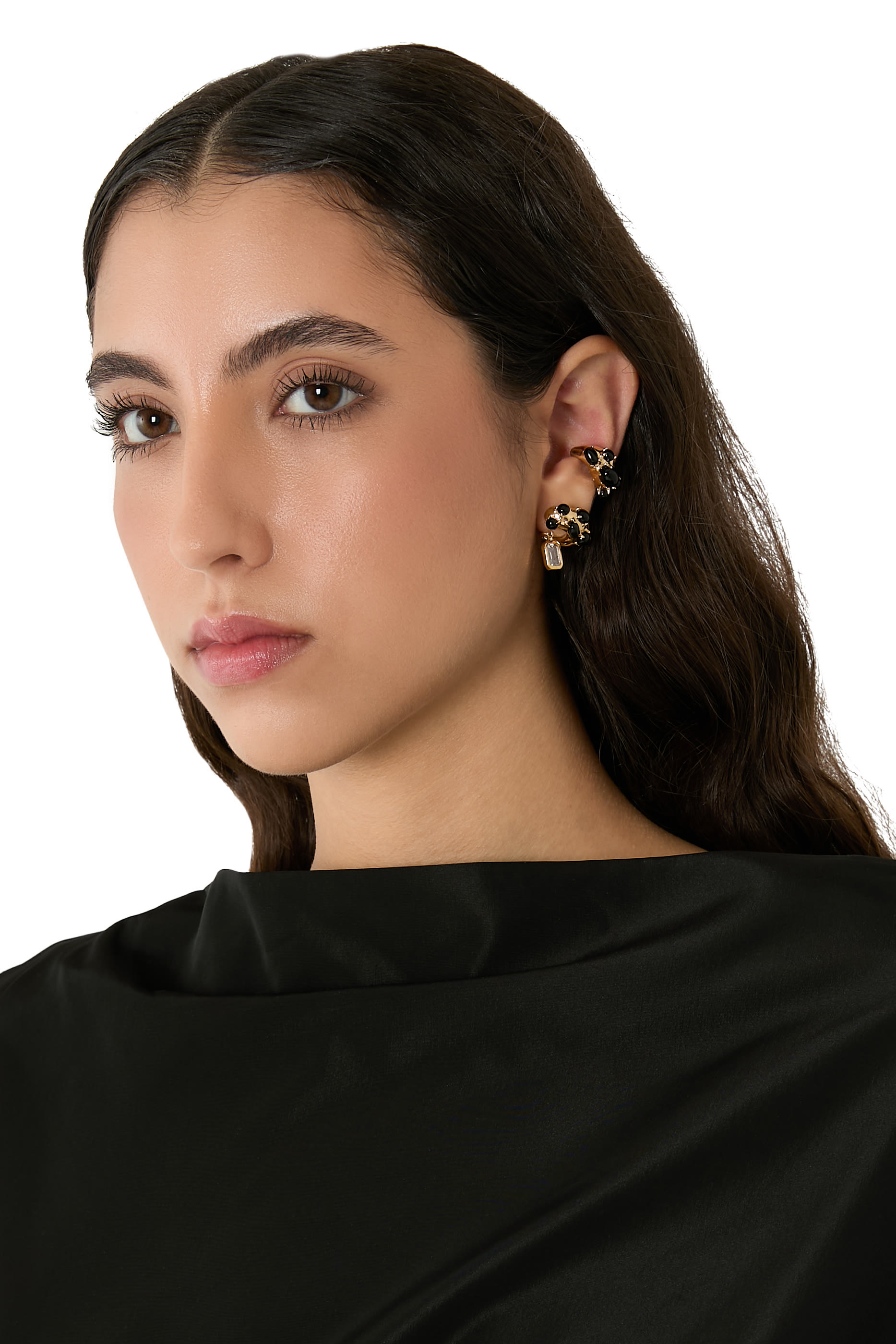 Nano Earrings, 925 Sterling Silver with Crystal & Black Pearls
