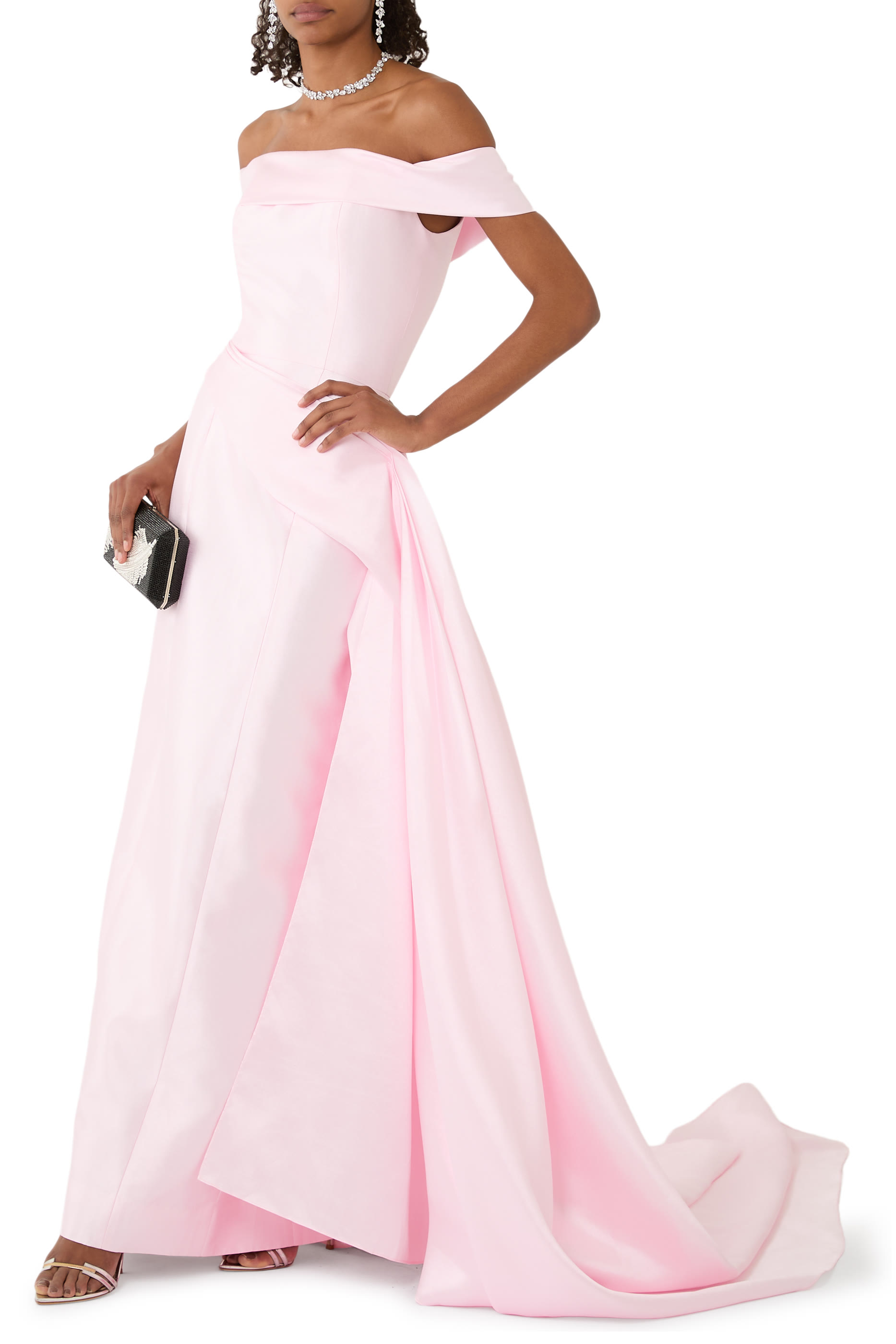 Off-Shoulder Skinny Mikado Gown with Side Train