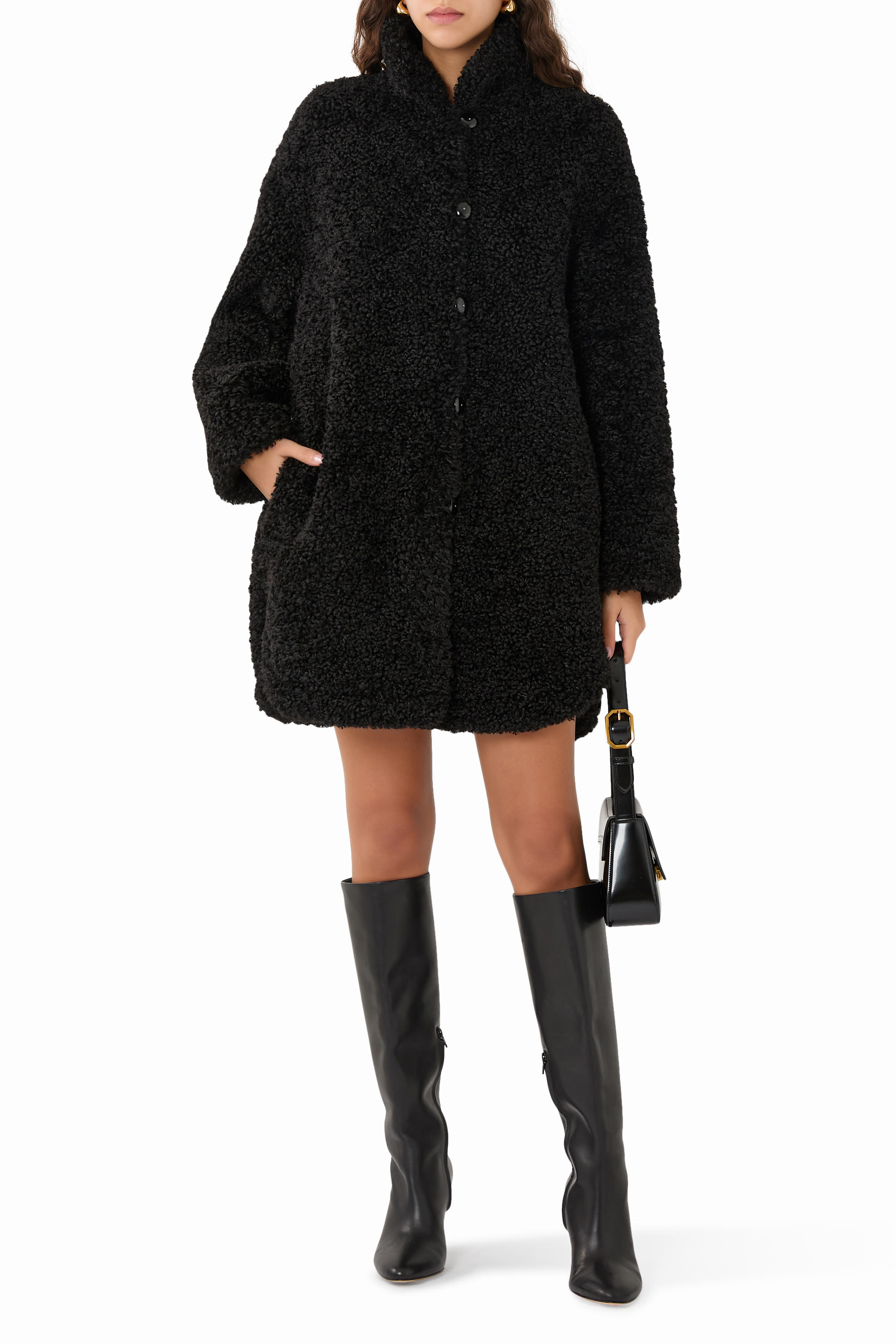 Boucl&eacute; Cloth Coat with Off-Centre Closure