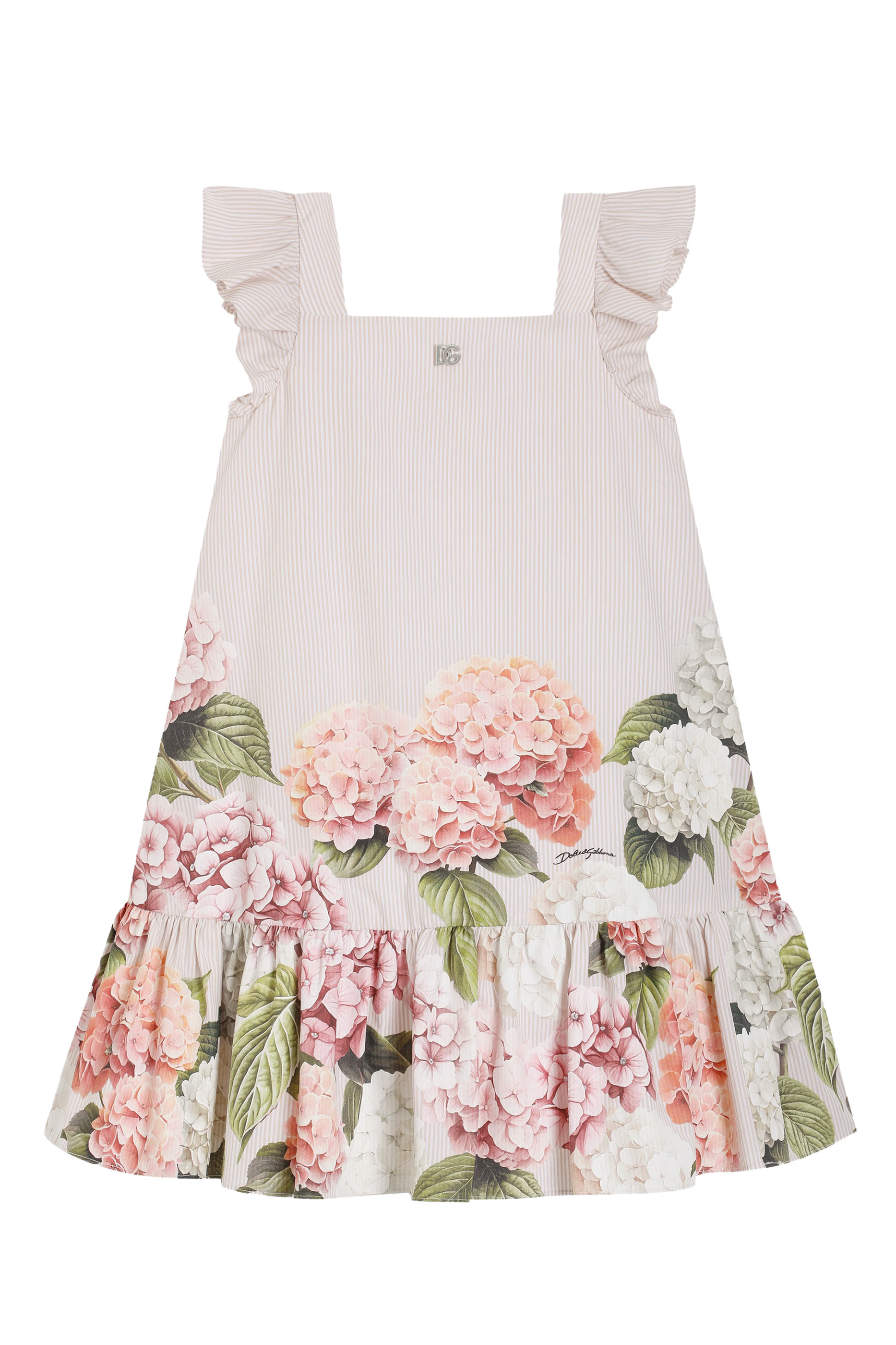 Kids Hydrangea-Print Stripe Cotton Canvas Dress 