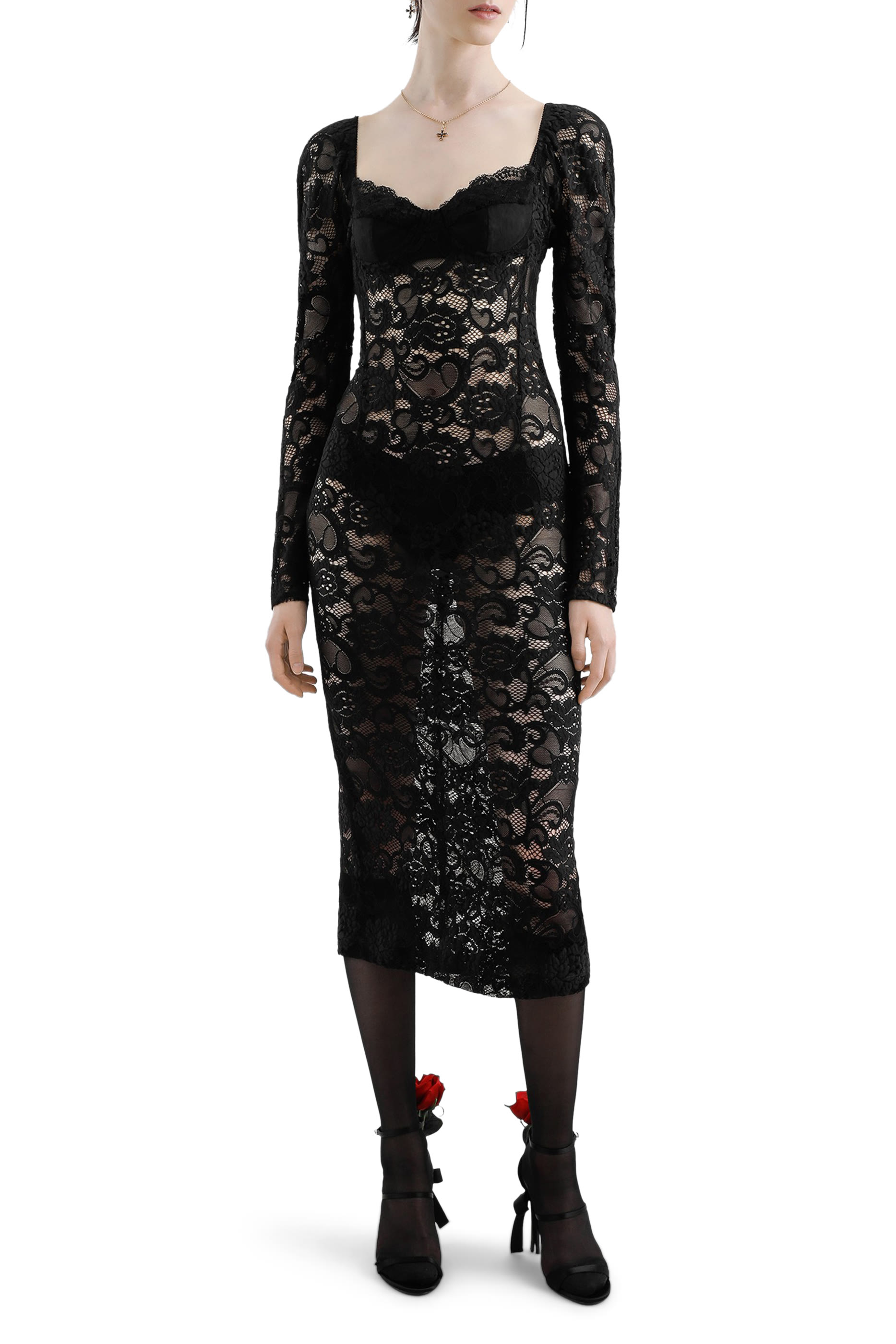 Lace Long-sleeved Calf-length Dress