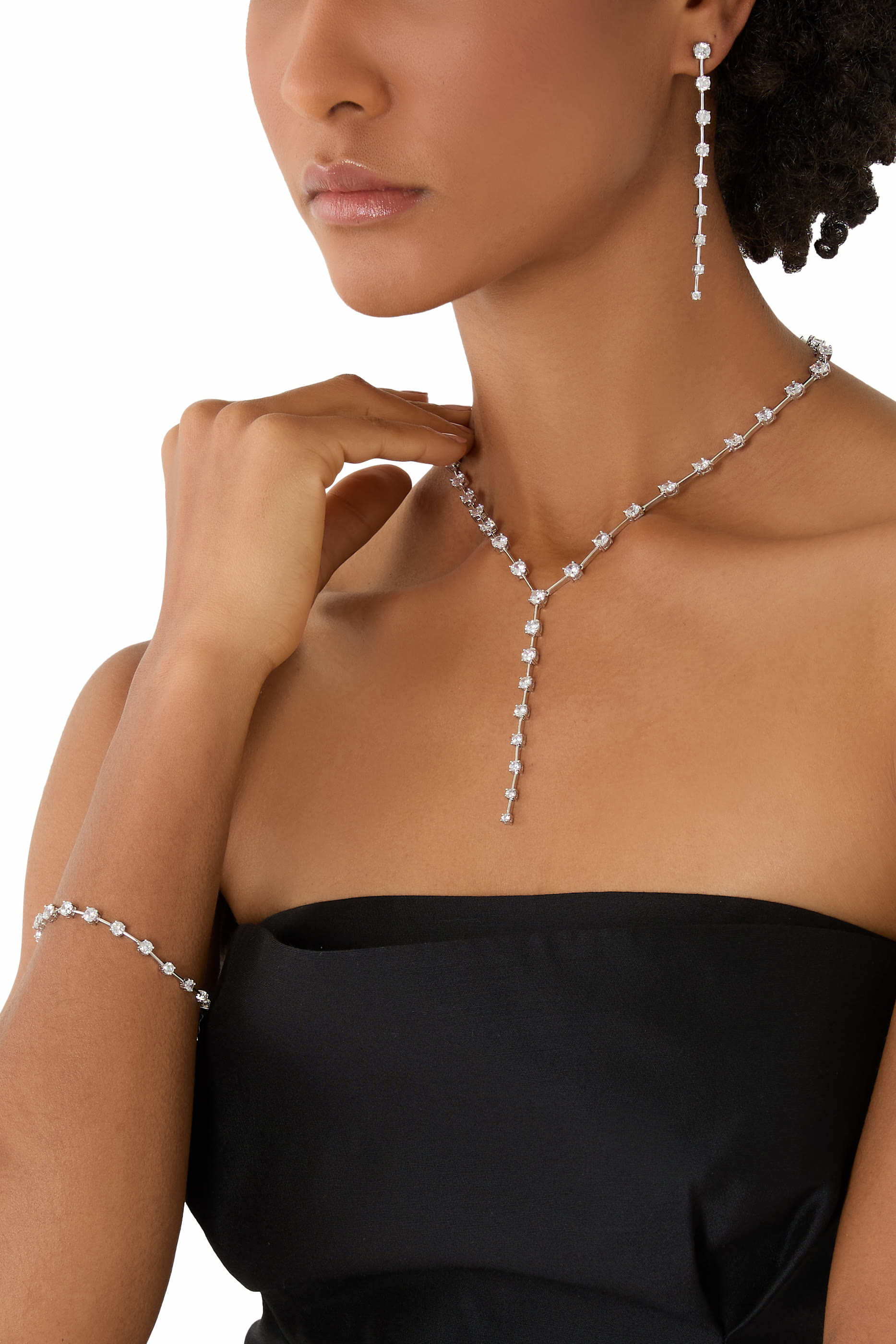 Long Drop Earrings,  Rhodium Plated Brass & Cubic Zirconia