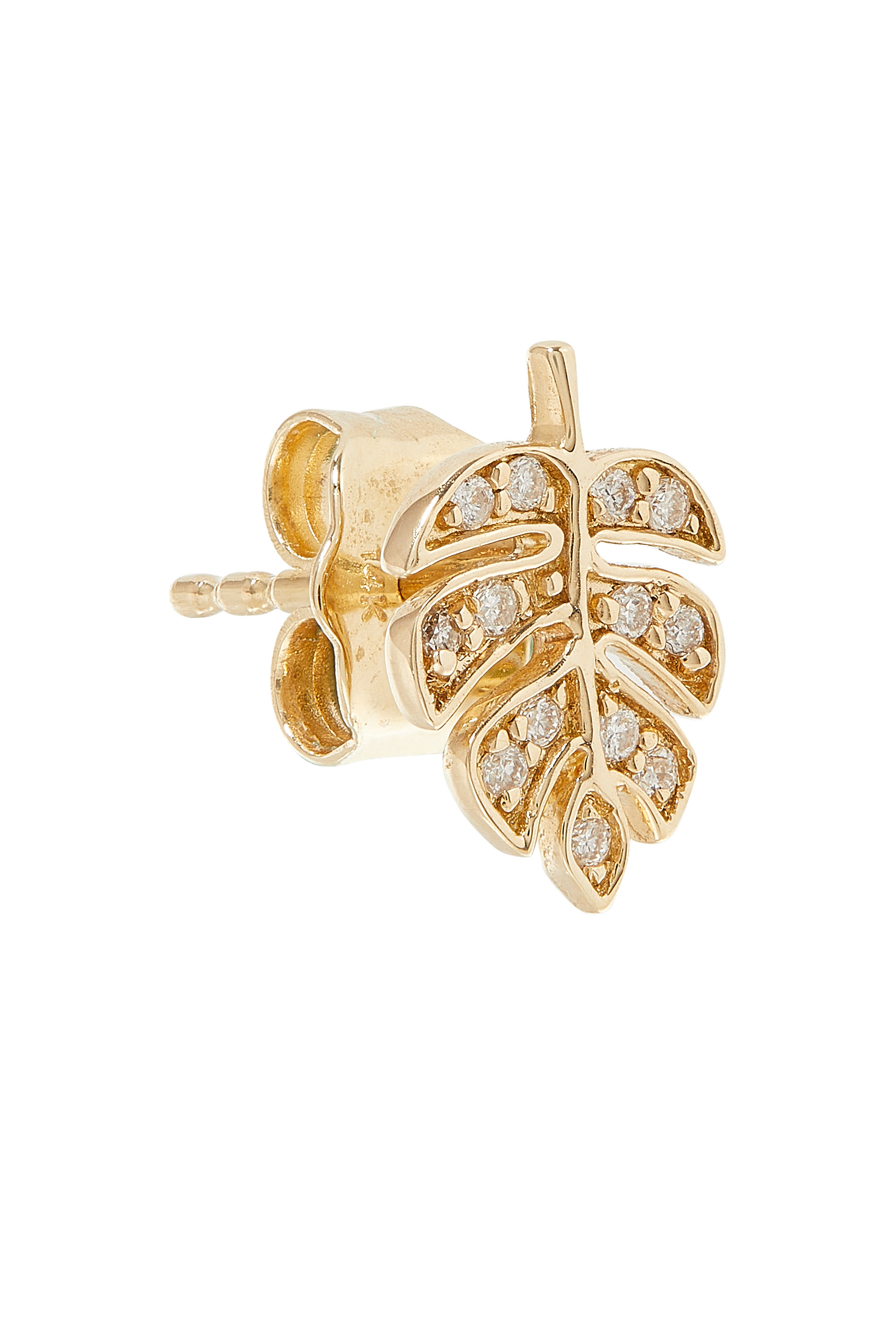 Tiny Monstera Leaf Single Stud Earrings , 14K Yellow Gold & Diamonds