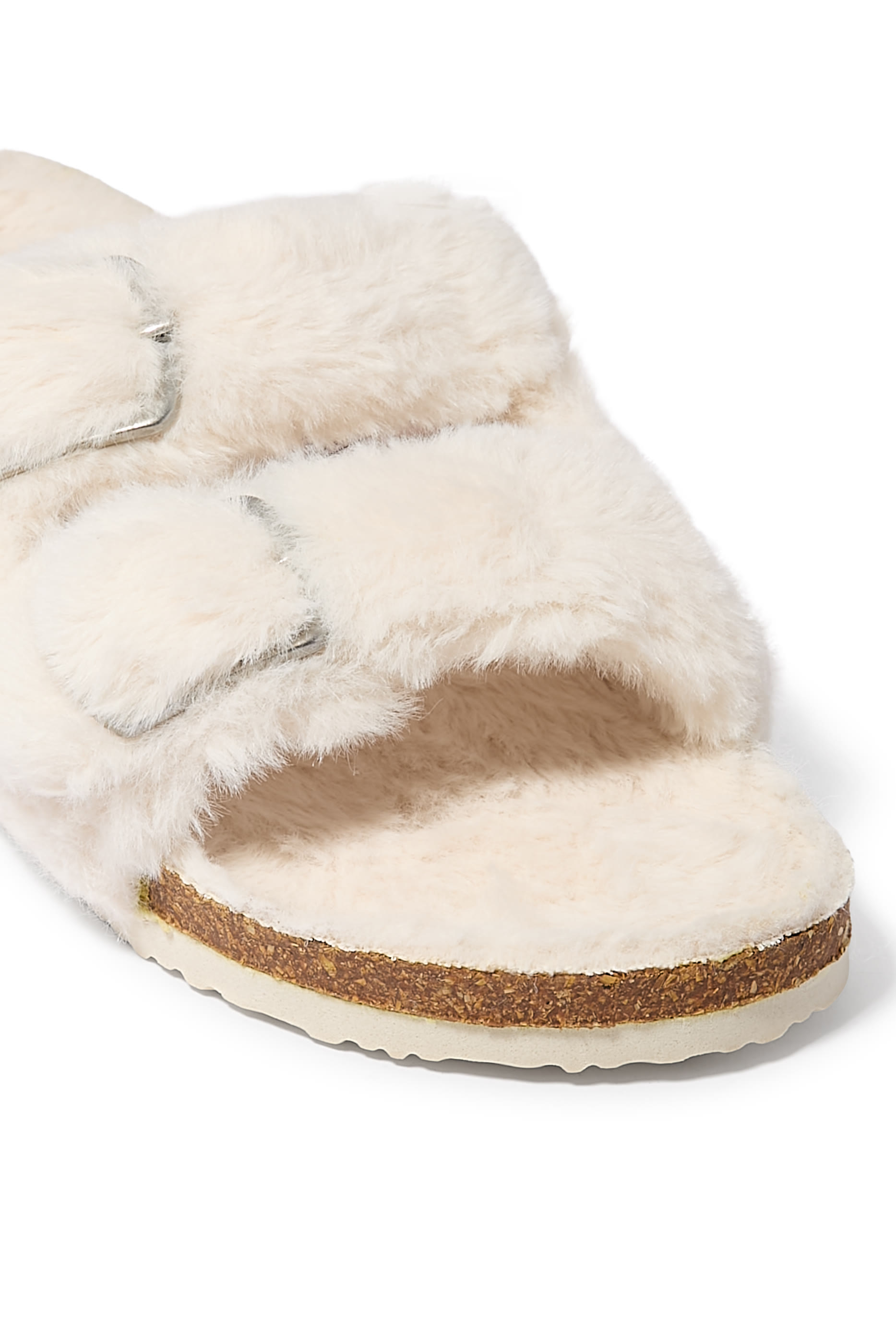 Faux Fur Buckle Cork Slider Slippers